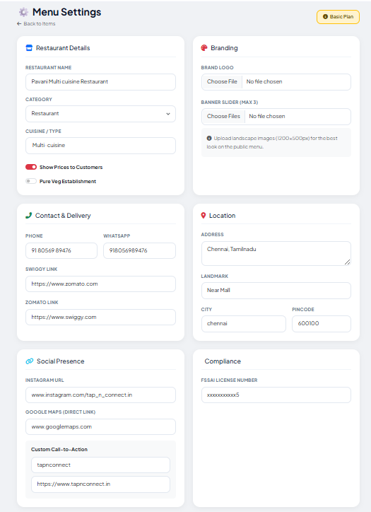 TapNconnect Menu Settings Dashboard
